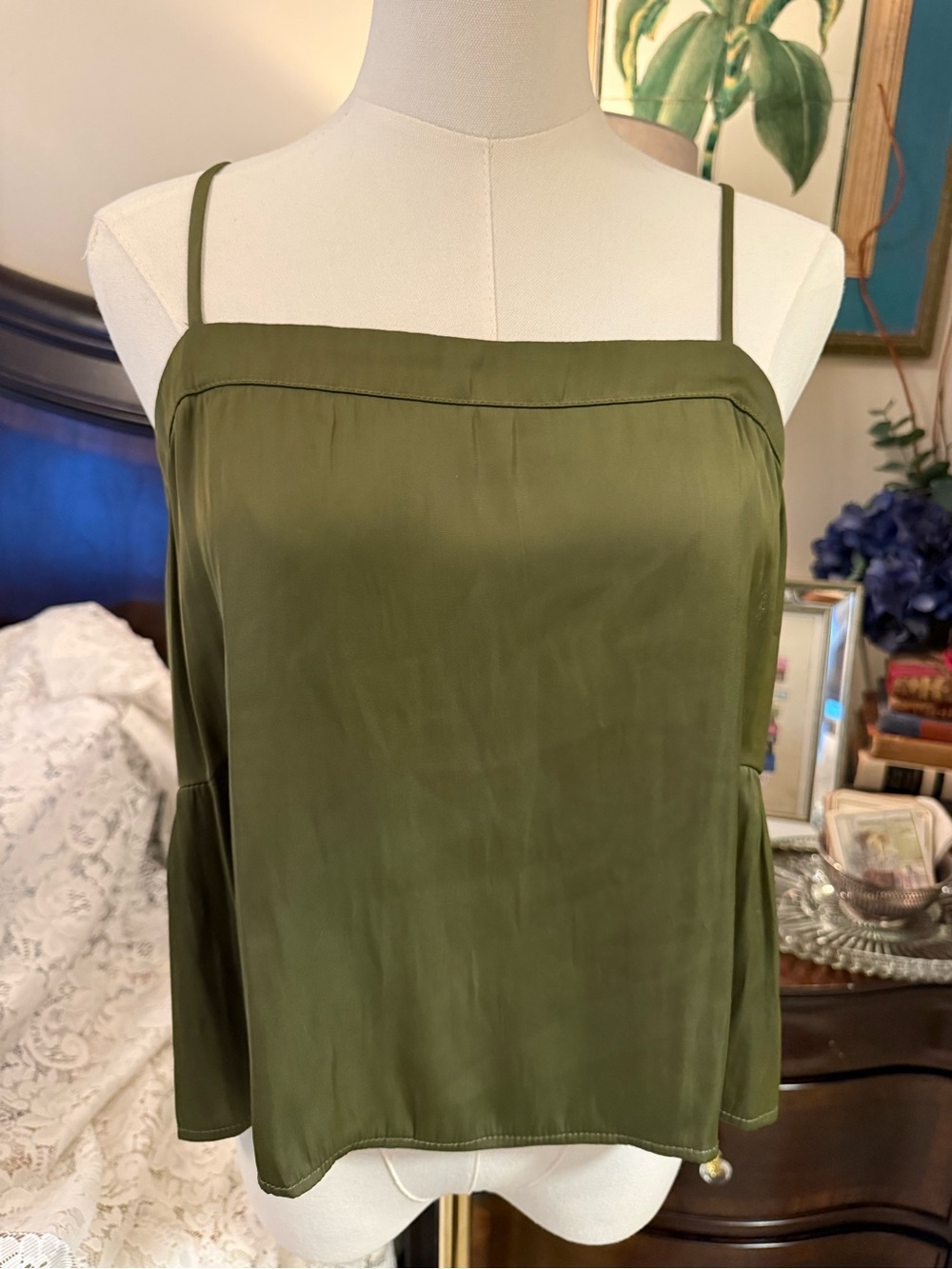 House of Harlow 1960 Olive Satin Camisole with Lace Trim